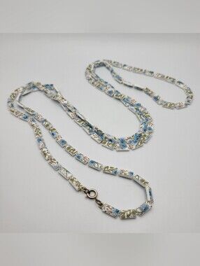 Vintage 60s/70s Plastic Tile Necklace Blue Floral Chinoiserie